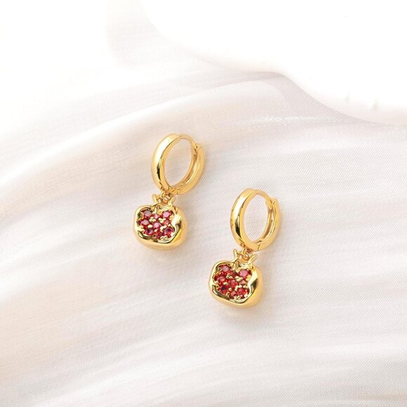Elegant Red Pomegranate Pendant Hoop Earrings with Cubic Zirconia in 18k Gold Ov - Picture 2 of 4